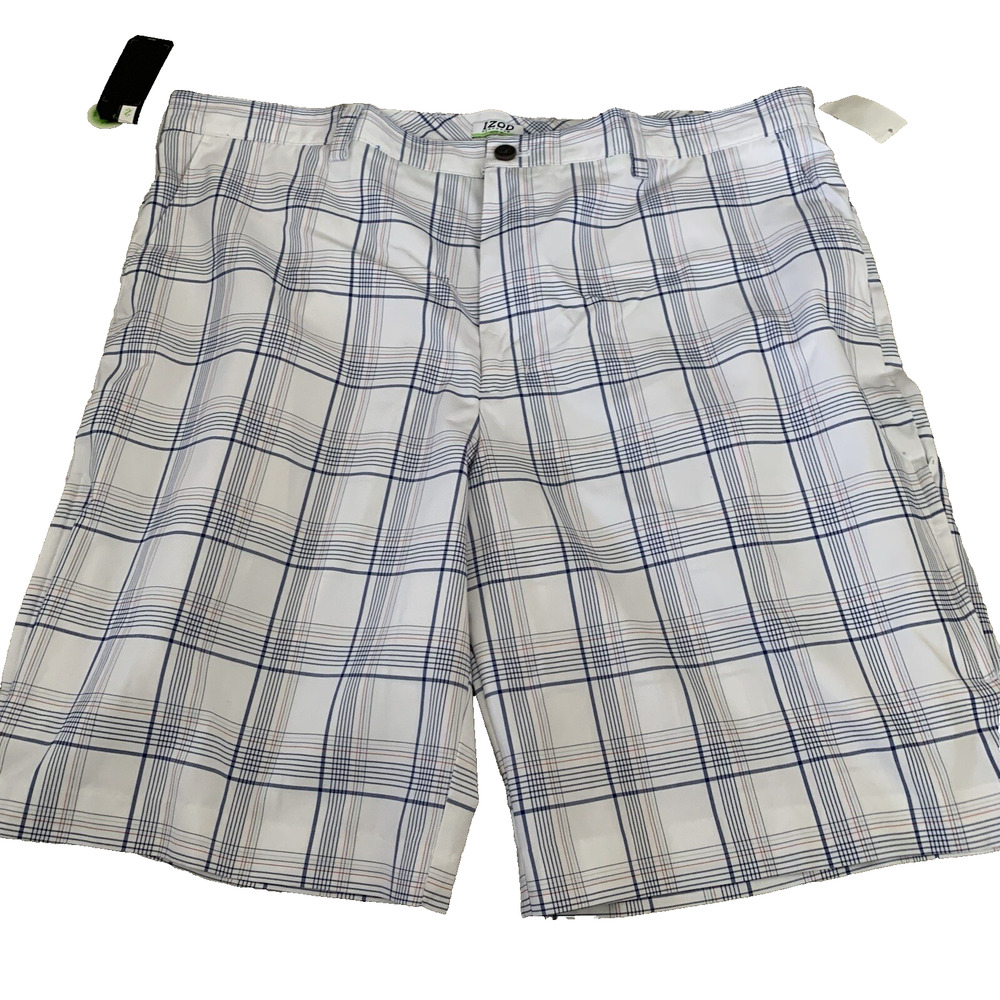 IZOD Golf Shorts Mens Size 42 Performx Wicking UPF-50 White Plaid Flat Front NEW